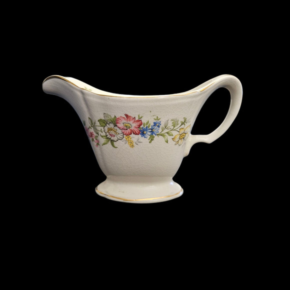Vintage Floral Gravy Boat Sauce Pitcher Crackle Glaze Gold Trim Shabby Chic - Picture 1 of 7